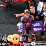 Veda Ega Pratama saat finis pertama pada ajang Red Bull Rookies 2025 di Sirkuit Mugello hari Sabtu (21/06/2025)