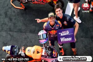 Veda Ega Pratama saat finis pertama pada ajang Red Bull Rookies 2025 di Sirkuit Mugello hari Sabtu (21/06/2025)